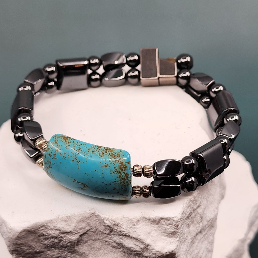 Faux Turquoise Stone Hematite Double Strand Magnetic Clasp Beaded Bracelet Gift
